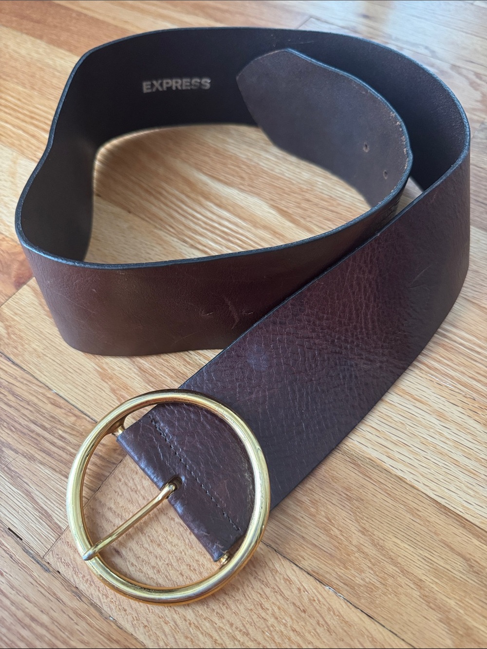 Express Dark Brown Leather Belt with Gold Round Buckle
